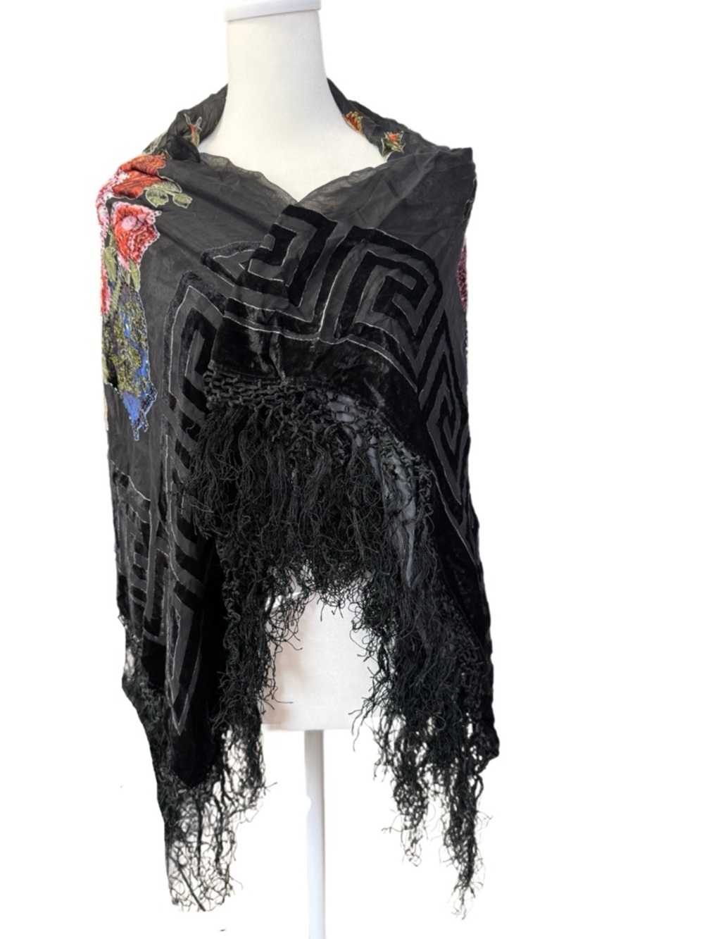 EUC Semi-Sheer Shawl with Velvet Design & Beading, 40”x40”